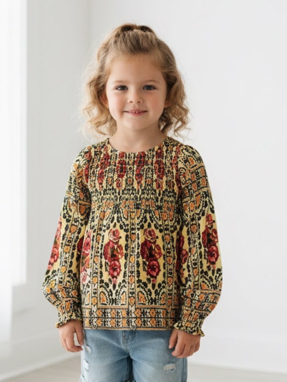3 for $36 / Smocked Floral Long-Sleeve Top for Girls - Yellow Multi